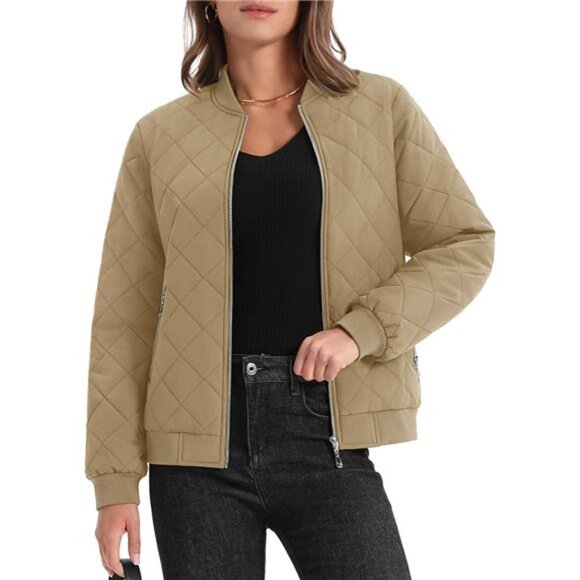 Women's Diamond Quilted Jackets Lightweight Casual Bomber Jacket Warm